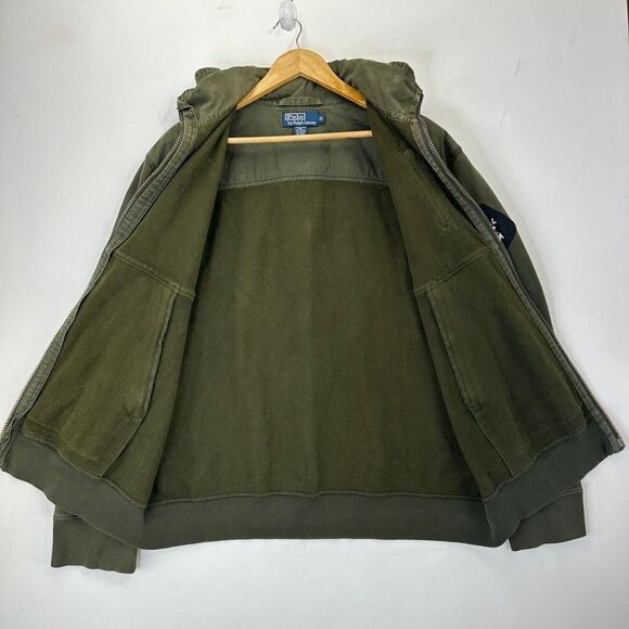 VTG 80s Polo Ralph Lauren Olive Fleece Hidden Hood Full Zip Jacket Patch Logo XL - Picture 5 of 14